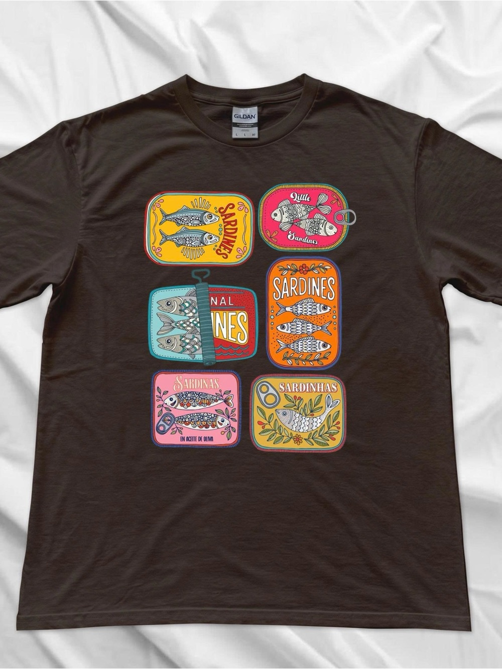 Colorful Sardine Can Artwork Graphic Brown Tshirt Women Casual